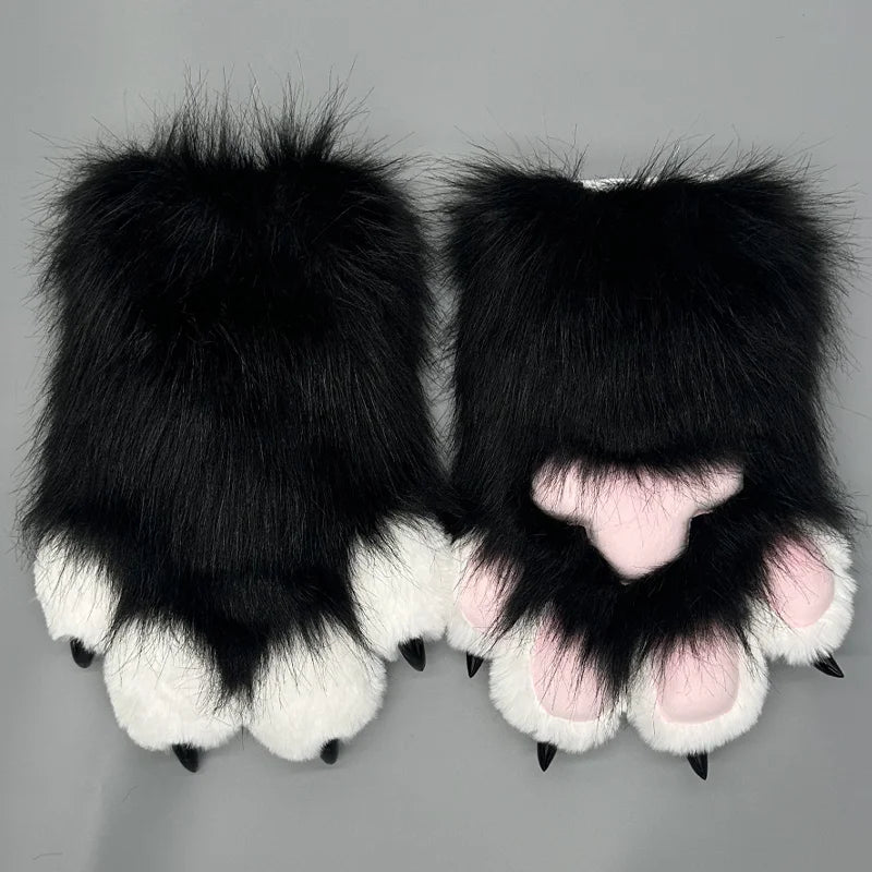 Black and white cute animal paw cosplay gloves with pink pads and claws for fun dress-up occasions