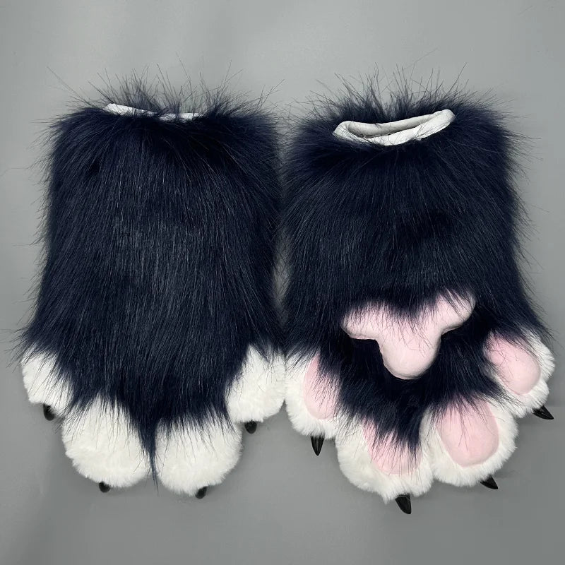 Cute animal paw cosplay gloves in black and white with pink pads for costume enthusiasts