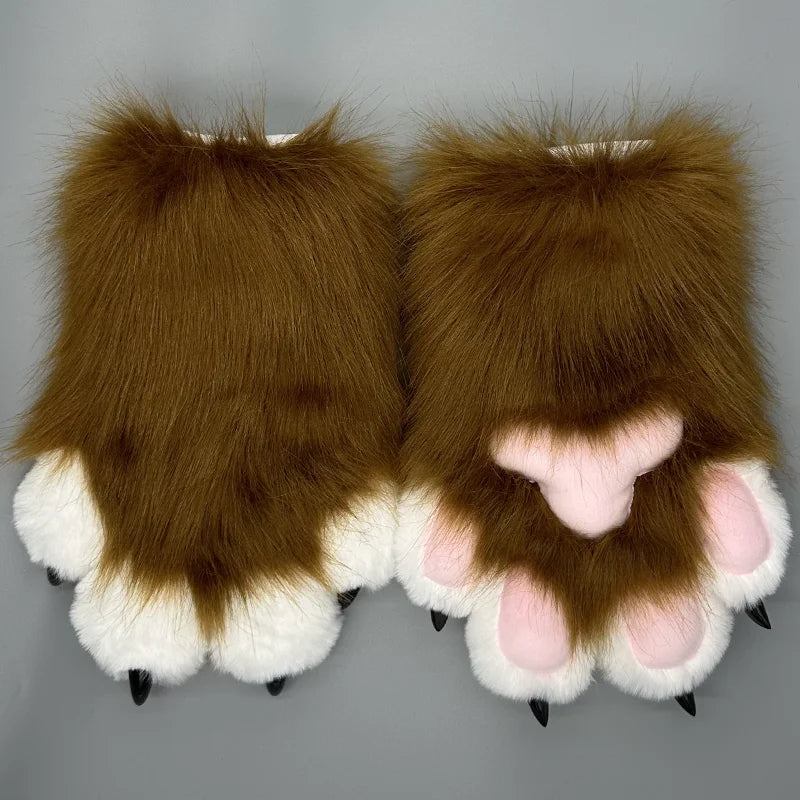 EtherealBe cute animal paw cosplay gloves with fluffy brown fur and pink paw pads