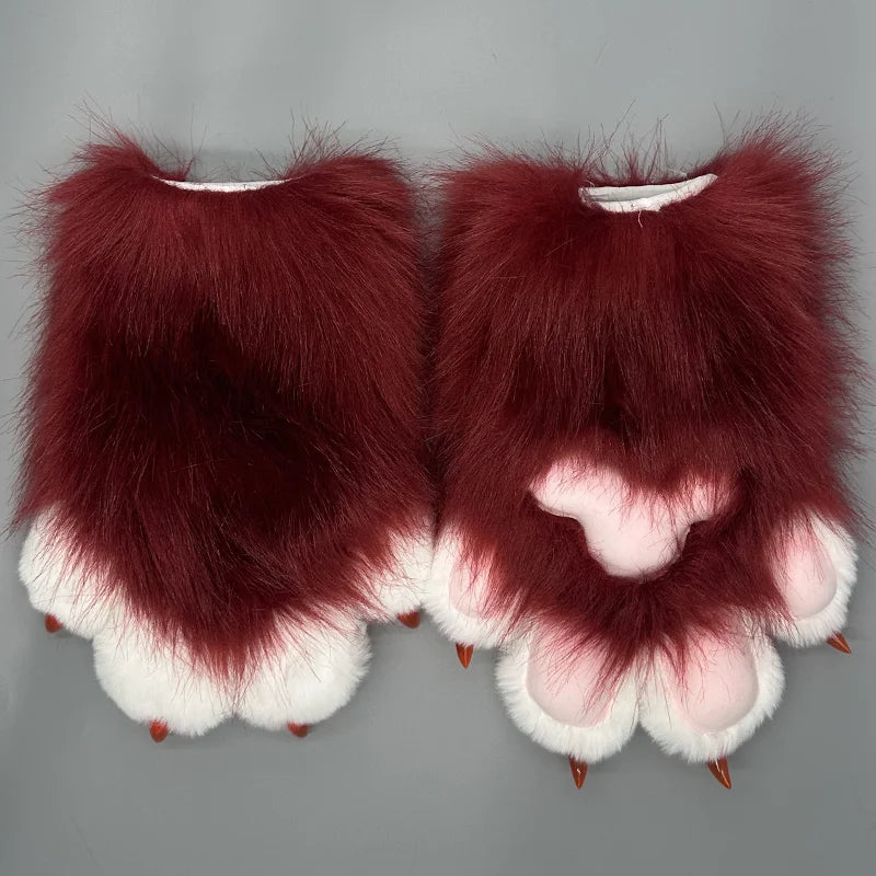 Cute animal paw cosplay gloves in burgundy with white fur and paw details for costume fun