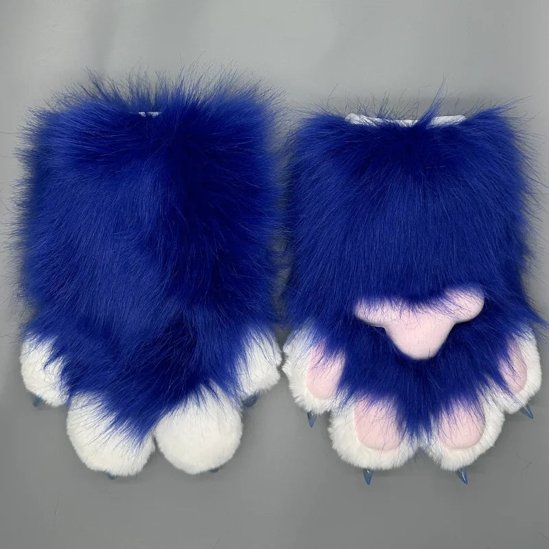 Cute animal paw cosplay gloves in blue and white with soft fur and padded pink paw pads