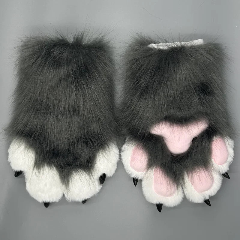 EtherealBe cute animal paw cosplay gloves in gray and white with pink paw pads and black claws