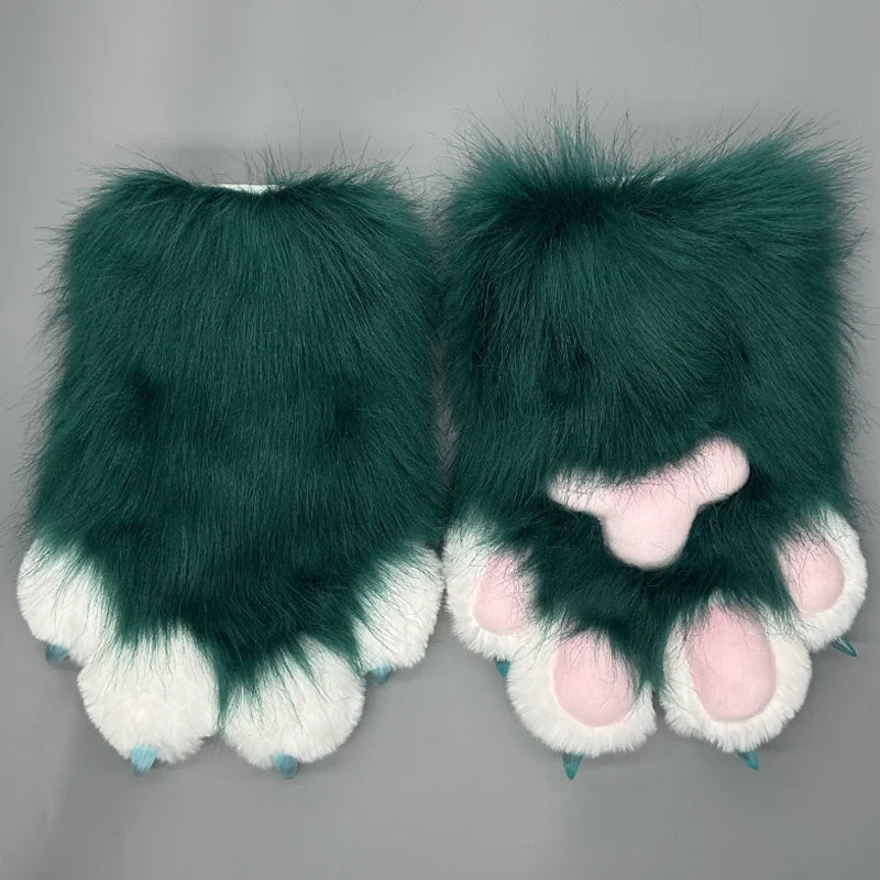 EtherealBe cute animal paw cosplay gloves featuring fluffy green fur and pastel pink details