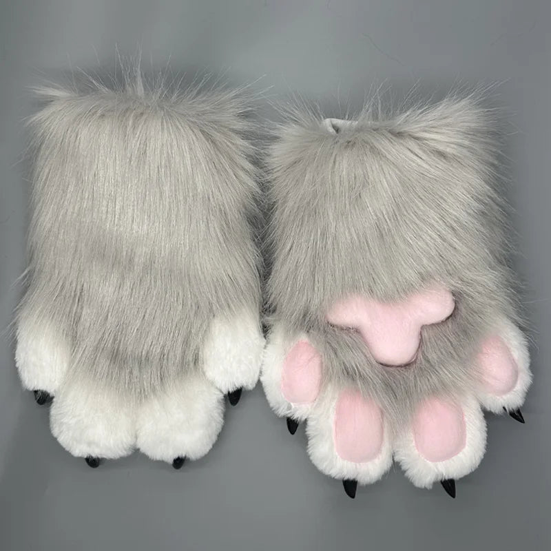 Cute animal paw cosplay gloves with fluffy gray fur and pink paw pads for costume enthusiasts