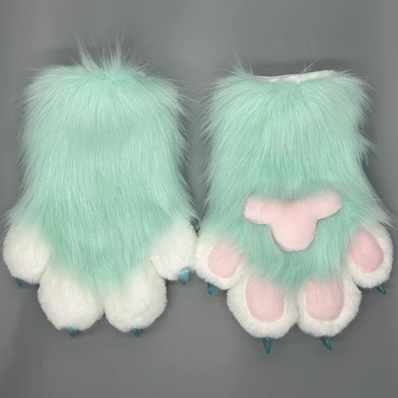 Cute animal paw cosplay gloves in mint green and white fur with padded pink paw details