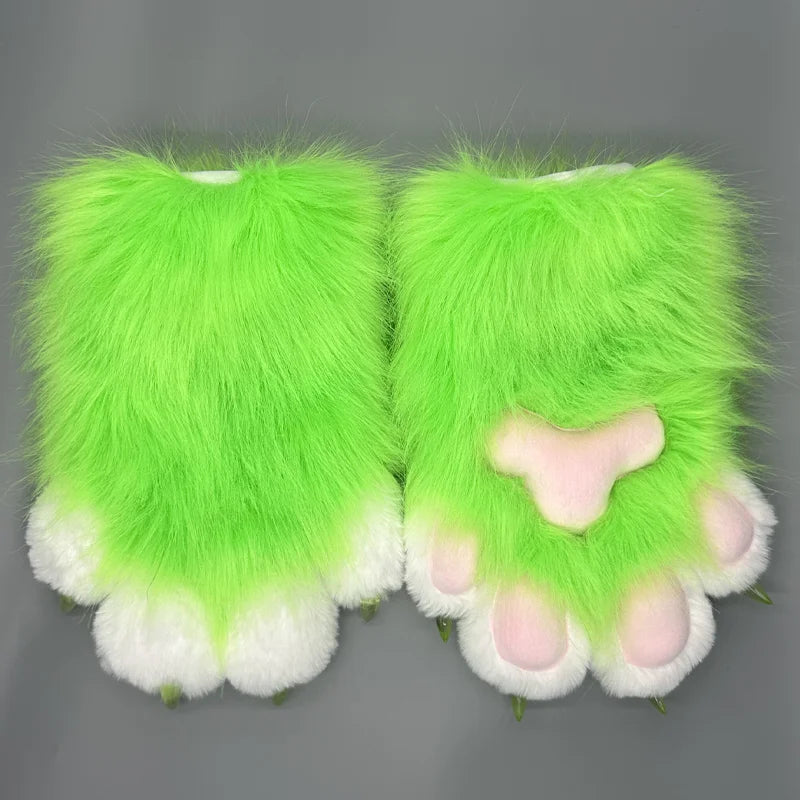 EtherealBe cute animal paw cosplay gloves in bright green with fluffy fur and pink paw pads