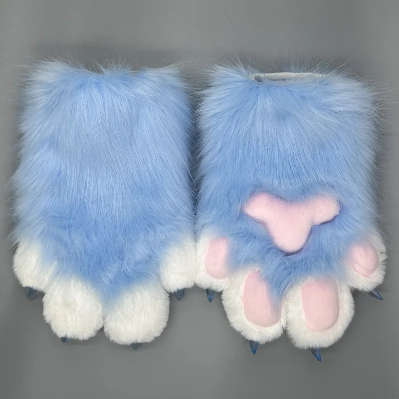 Cute animal paw cosplay gloves in blue and white fur with pink pads for a playful look