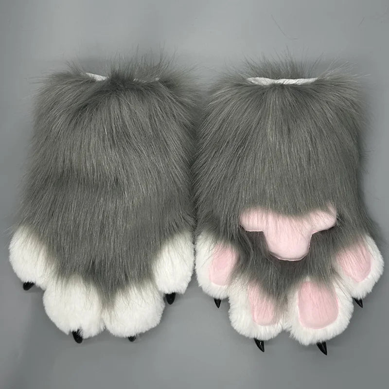 Cute animal paw cosplay gloves with gray fur and pink pads for fun costume parties