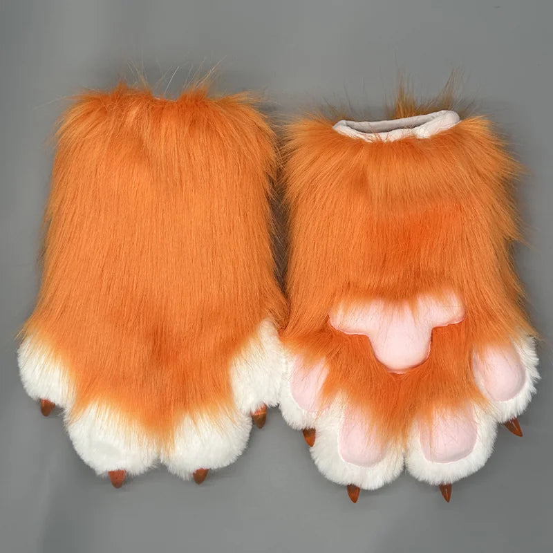 EtherealBe cute animal paw cosplay gloves with fluffy orange fur and pink paw pads for costume parties