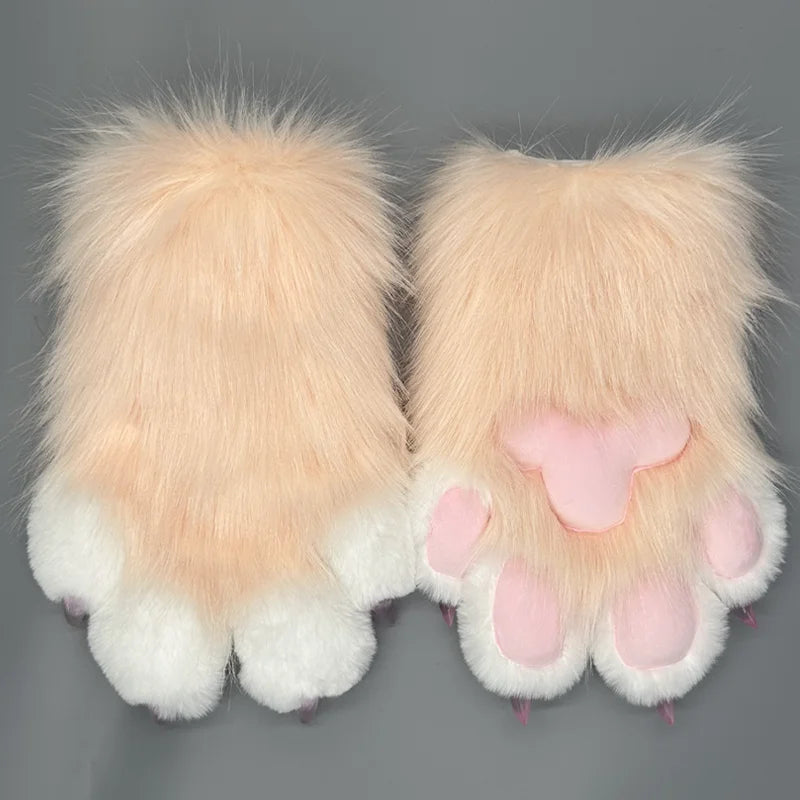 Fluffy cute animal paw cosplay gloves in soft pastel colors for playful costume accessories