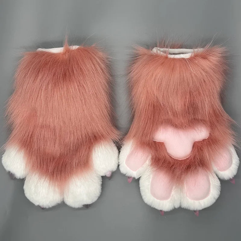 EtherealBe cute animal paw cosplay gloves with fluffy pink fur and white paw pads for costume enthusiasts