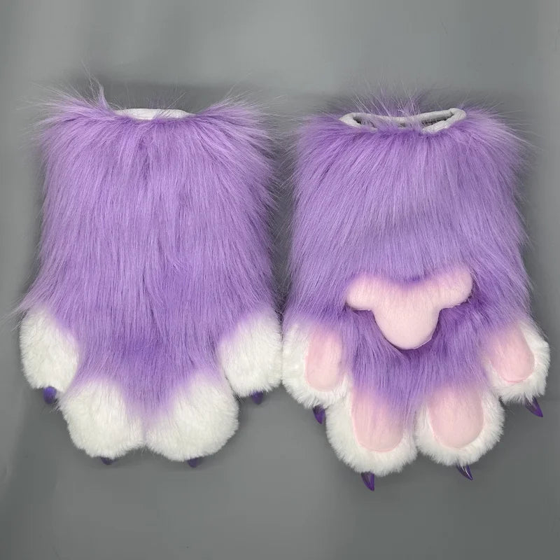 Cute animal paw cosplay gloves in purple and white fur with pink paw pads for cosplay events