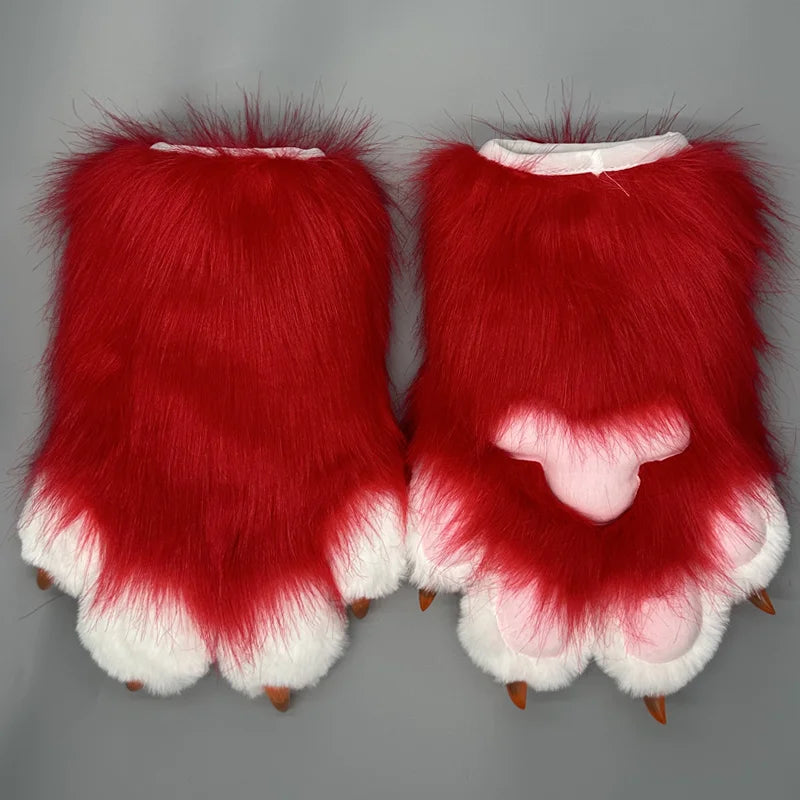 Cute animal paw cosplay gloves with plush red fur and white paw pads for a whimsical accessory