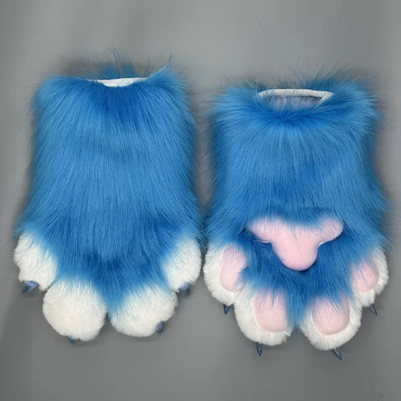 Cute animal paw cosplay gloves in blue with fluffy fur and pink paw pads for costume enthusiasts