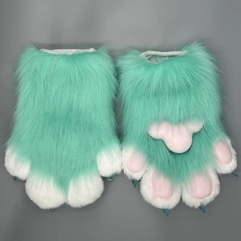Cute animal paw cosplay gloves in fluffy mint green with pink paw pads for costume enthusiasts