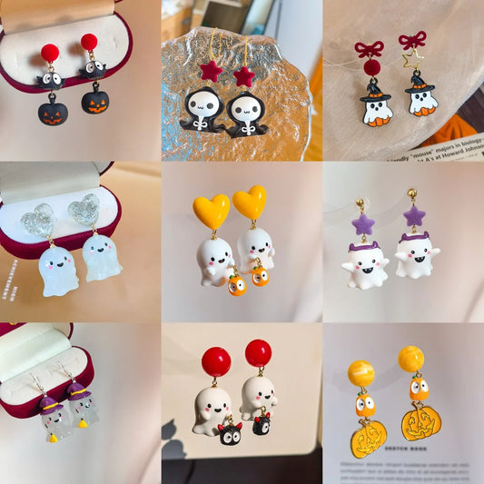 Halloween Cute Resin Ghost Earrings For Women Funny Cartoon Bat Ghost Pumpkin Pendant Earring Girl Friendship Jewelry Party Gift