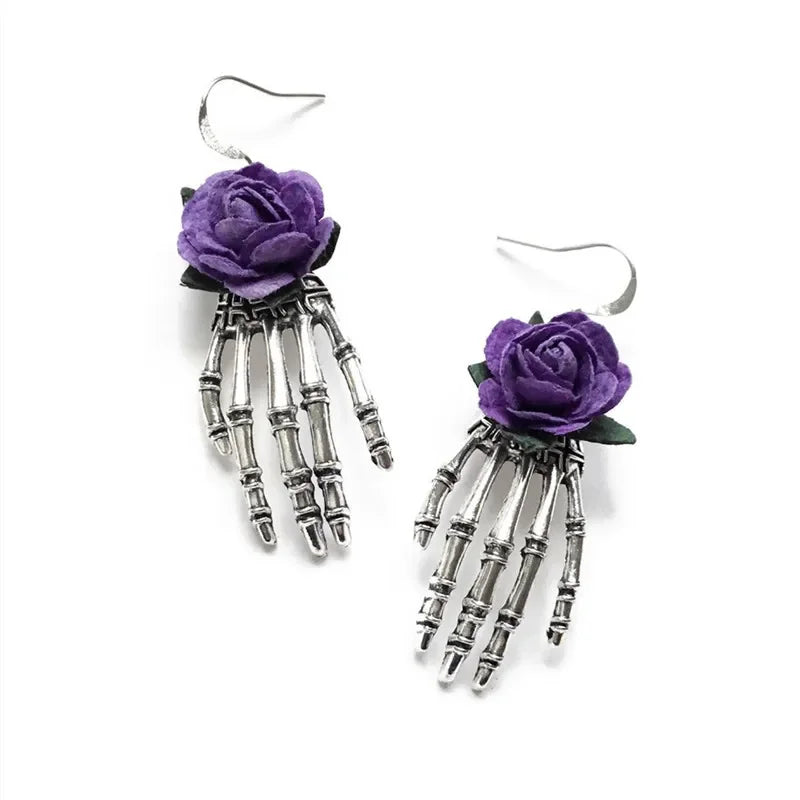 EtherealBe dark punk rose jewelry for girls featuring skeleton hand earrings with purple roses