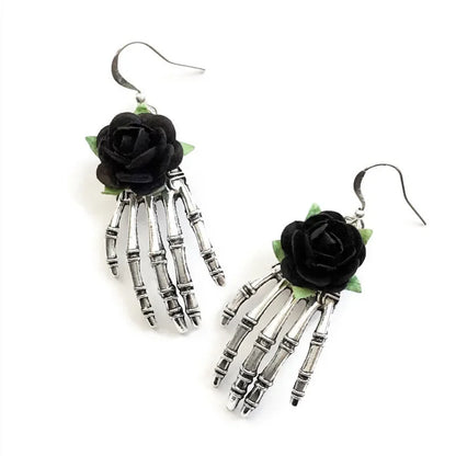 EtherealBe dark punk rose jewelry for girls featuring silver skeleton hand earrings with black roses