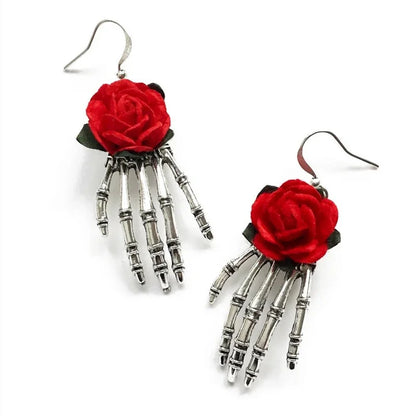 EtherealBe dark punk rose jewelry for girls featuring red rose earrings with skeleton hand design