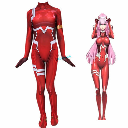 EtherealBe Darling in the Franxx cosplay costume featuring a skin-tight red design and pink wig accessory