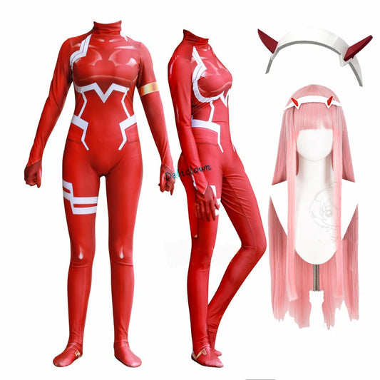EtherealBe Darling in the Franxx cosplay costume with red bodysuit and pink wig for anime fans