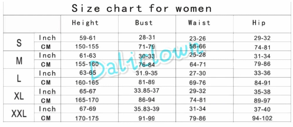 Size chart for women's Darling in the Franxx cosplay costume, detailing measurements for S to XXL sizes.