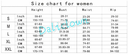 Size chart for women's Darling in the Franxx cosplay costume, detailing measurements for S to XXL sizes.