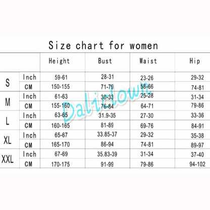 Size chart for women featuring measurements for Darling in the Franxx cosplay costume in various sizes