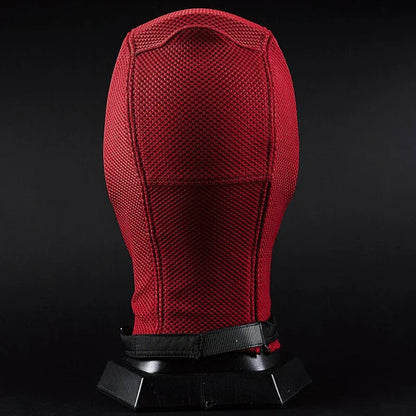 EtherealBe red textured Deadpool costume mask for Halloween shown from rear on display stand