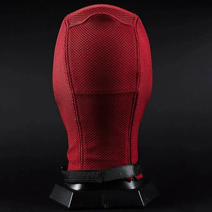 Rear view of textured red Deadpool costume mask for Halloween with stitched seams and adjustable strap