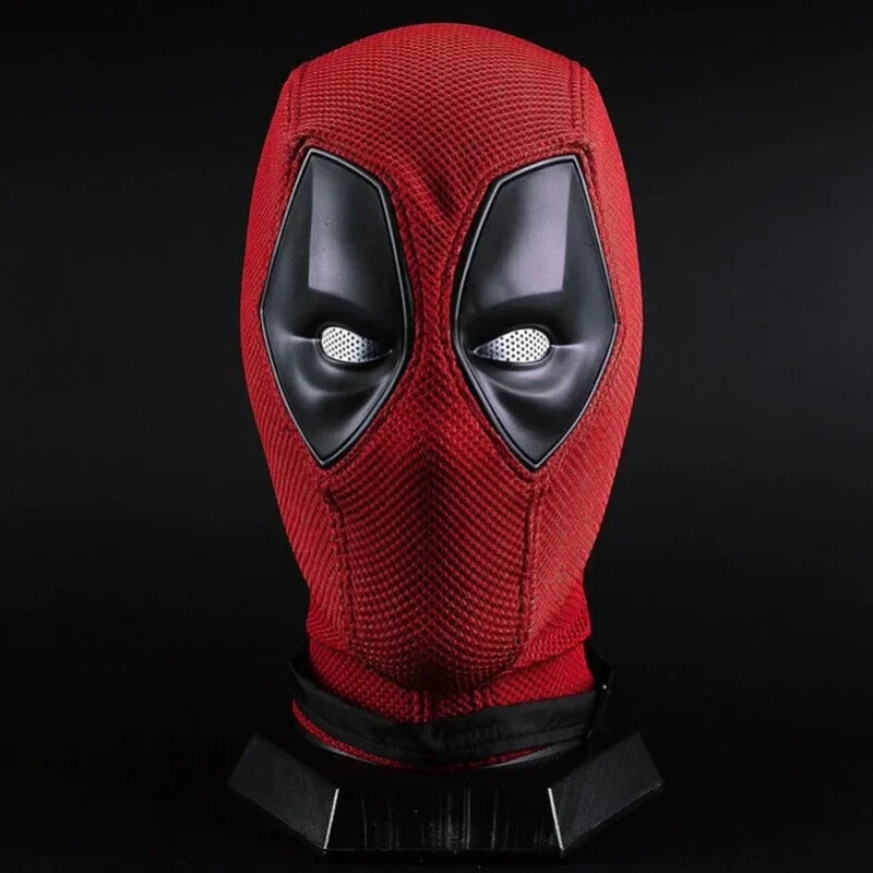 EtherealBe red textured full head Deadpool costume mask for Halloween. with black eye patches and white mesh eyes