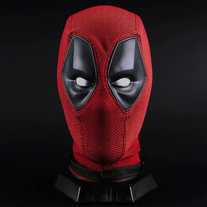 EtherealBe red textured full head Deadpool costume mask for Halloween. with black eye patches and white mesh eyes