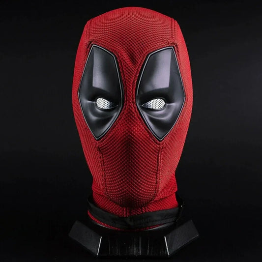 EtherealBe red textured full head Deadpool costume mask for Halloween. with black eye patches and white mesh eyes