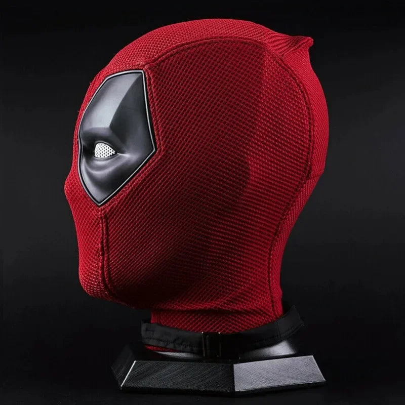 EtherealBe red textured full head Deadpool costume mask for Halloween with black eye patches on display stand