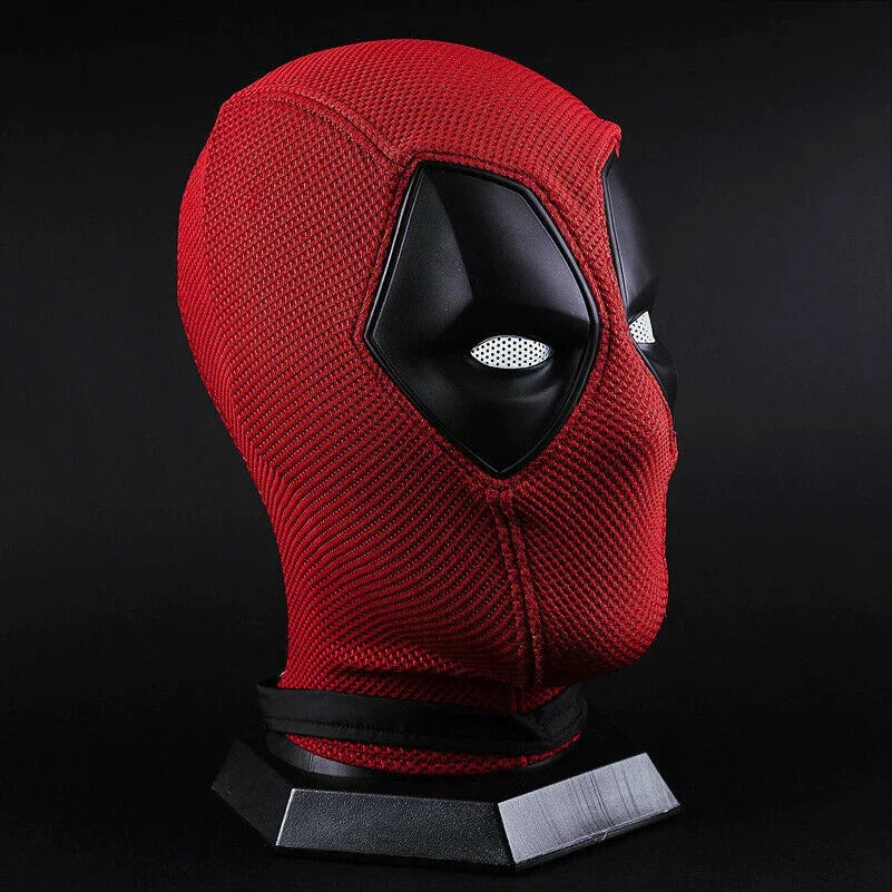 EtherealBe red knit Deadpool costume mask for Halloween. Displayed on a head form with black eye patches and white mesh lenses