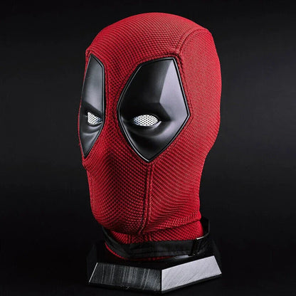 EtherealBe red textured Deadpool costume mask for Halloween. Black eye patches and white mesh lenses