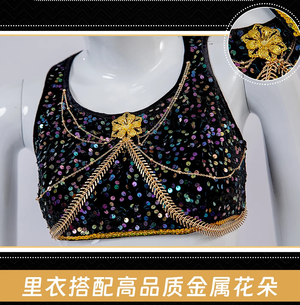 EtherealBe demon hunters cosplay costume set featuring a sequined black top with golden accents