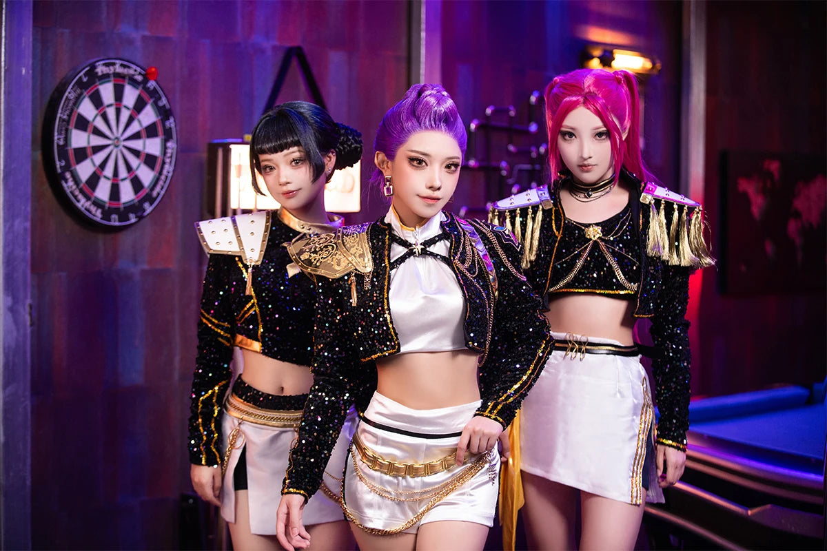 EtherealBe demon hunters cosplay costume set featuring three stylish outfits with sparkly elements and unique designs
