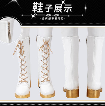 White demon hunters cosplay costume set boots with gold heels and lace-up design for a complete look