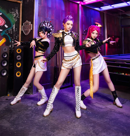 Three models wearing an EtherealBe demon hunters cosplay costume set with stylish designs and vibrant colors