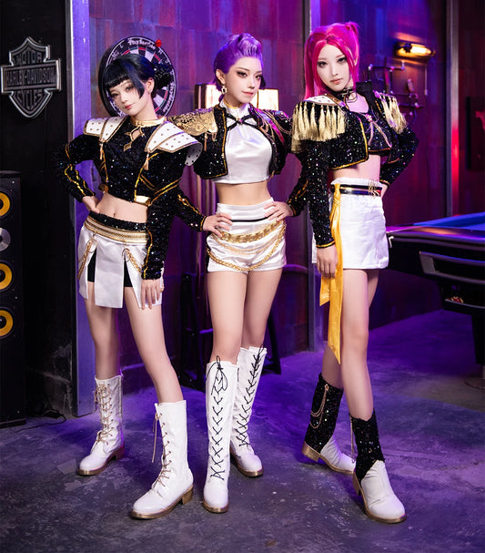EtherealBe demon hunters cosplay costume set featuring three models in stylish outfits and unique hairstyles