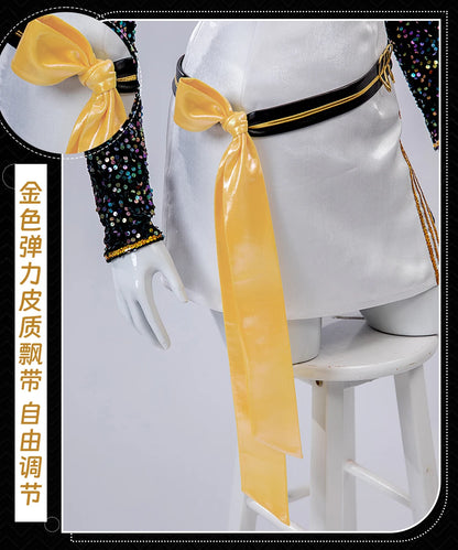 Demon hunters cosplay costume set featuring a stylish white dress with gold and yellow ribbon details