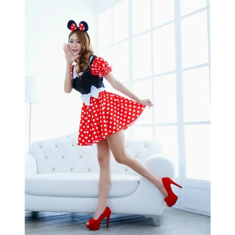 Minnie Mouse adult costume dress with red polka dots and matching ears for a playful look