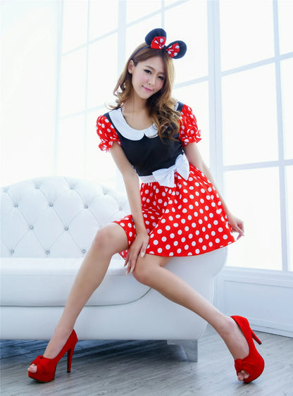Minnie Mouse adult costume dress with red polka dots and matching ears, perfect for themed parties