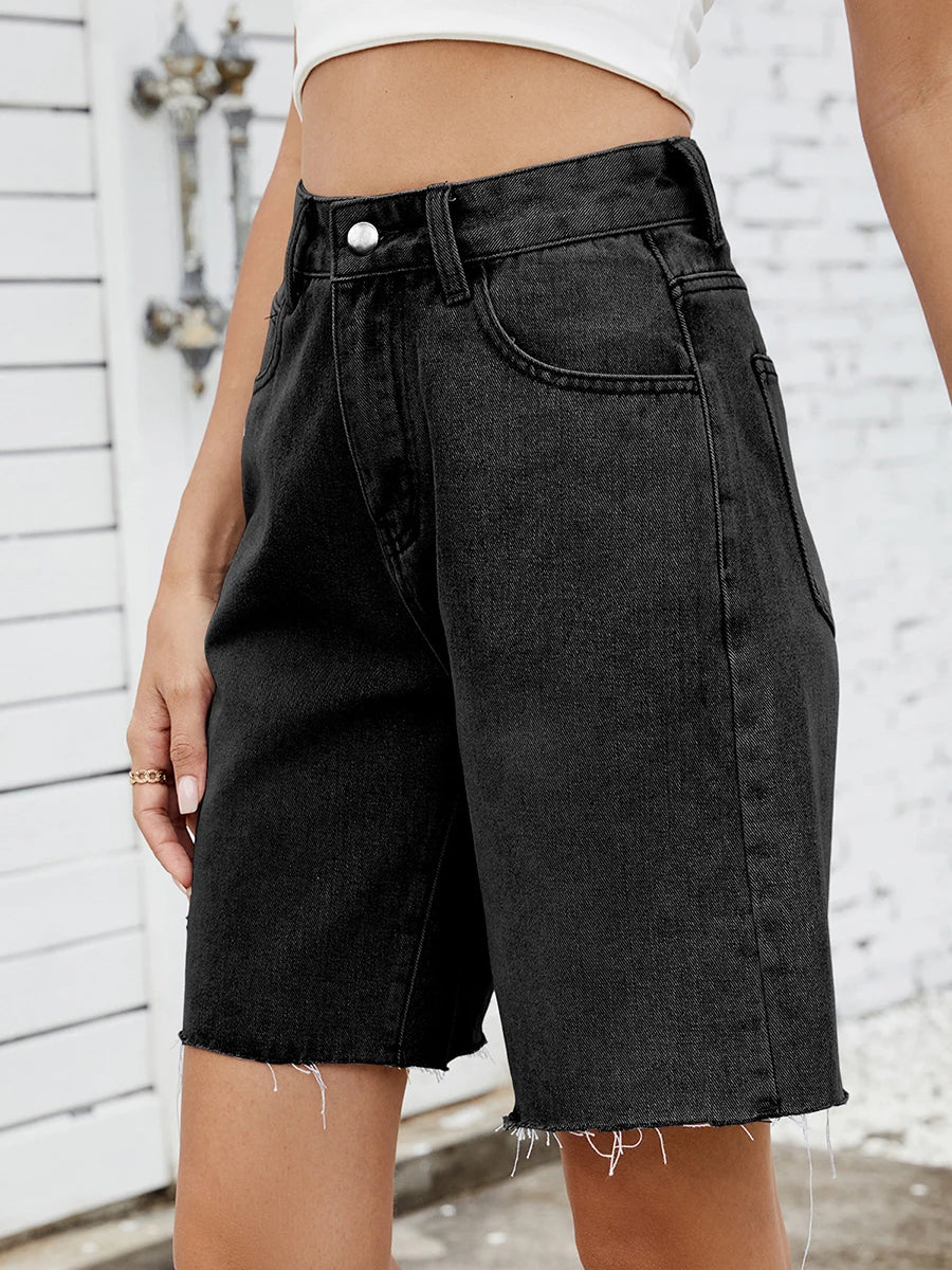 EtherealBe distressed denim shorts for women with a relaxed fit and frayed hem in black