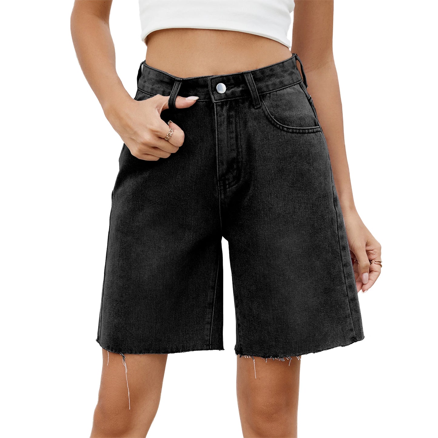 EtherealBe Distressed Denim Shorts for Women in Black with Frayed Hem and High Waist Design