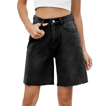 EtherealBe Distressed Denim Shorts for Women in Black with Frayed Hem and High Waist Design