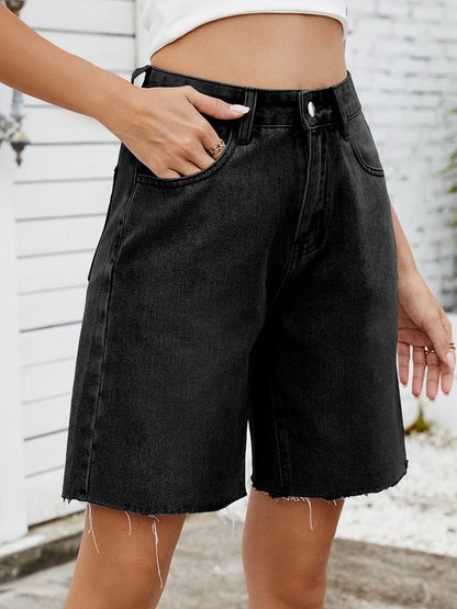 EtherealBe black distressed denim shorts for women with a relaxed fit and frayed hem
