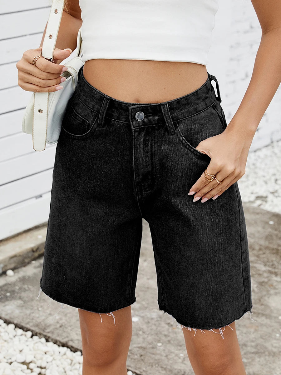 EtherealBe distressed denim shorts for women in black with a relaxed fit and frayed hem