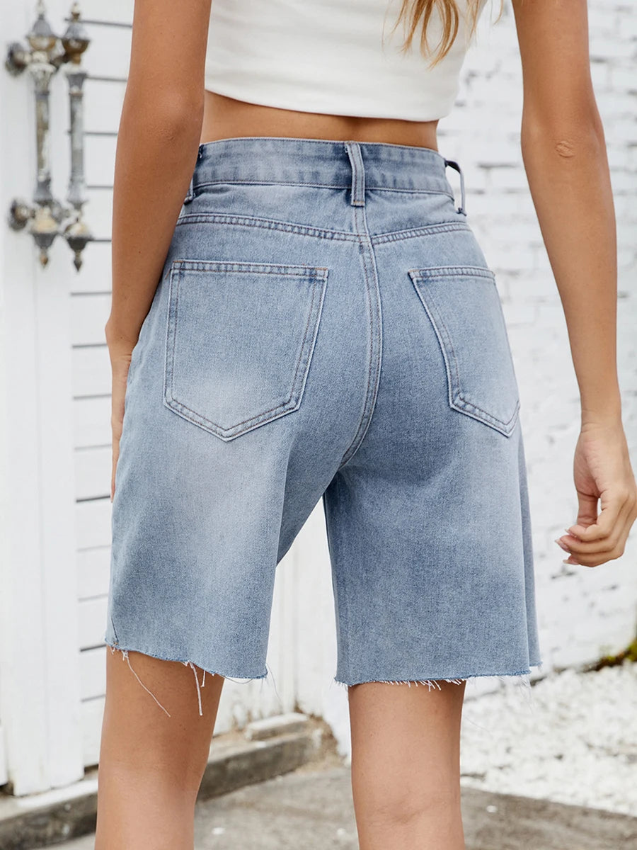 EtherealBe distressed denim shorts for women with a relaxed fit and frayed edges